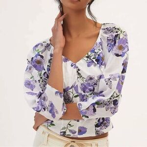 Anthropologie Purple Floral Print V-Neck Ruched Knit Top Bohemian Cottage XS